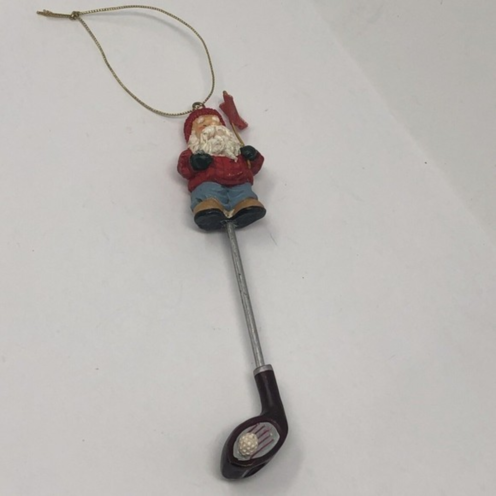Golf Theme Gift Christmas Tree Ornament 6" Santa‎ On Golf Club w/ Ball & Flag